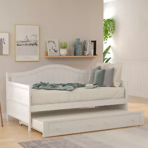 Twin Wooden Daybed with Trundle Bed, Sofa Bed for Bedroom Living Room,White - Picture 1 of 15
