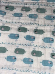 White Blue Green Whales Muslin Baby Blanket Swaddle Security Pre Owned EUC - Picture 1 of 2