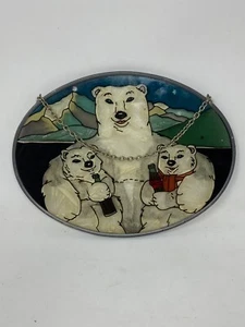 Vintage Coca Cola 7” Stained Glass Polar Bear Family Ad Advertising Oval Sign - Picture 1 of 10
