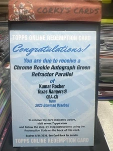 Bowman Chrome Kumar Rocker Auto Rangers 2025 autógrafo redención verde - Imagen 1 de 2
