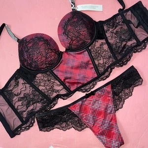 Victoria's Secret 32A,32B,34A,34B BOMBSHELL BRA SET RED BLACK Plaid SHINE STRAP - Picture 1 of 3