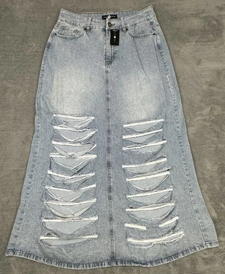 NEW Ashley Stewart Denim Skirt Womens 12 Blue Stretch Ripped Long Maxi Punk Rock - Image 1 of 4