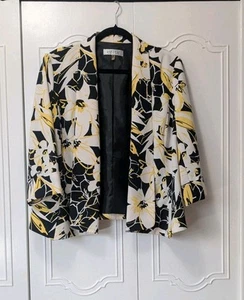 Kasper Women Yellow Black White Big Flowers Open Front blazer SZ16 - Picture 1 of 11