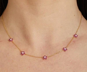 Flower Charm Necklace 5Ct Round Cut Lab Created Pink Ruby 14K Yellow Gold Plated - Picture 1 of 5