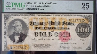 1922 - CERTIFICADO DE ORO DE $100 - Billete grande - PMG 25 muy fino - RARO Foto 1 de 4