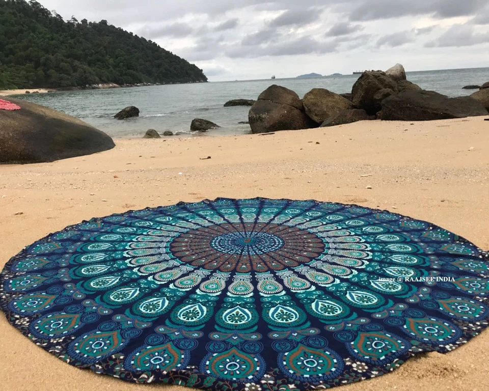Cobertor hippie Raajsee redondo tapeçaria de praia turquesa mandala lance/boho - Imagem 1 de 4