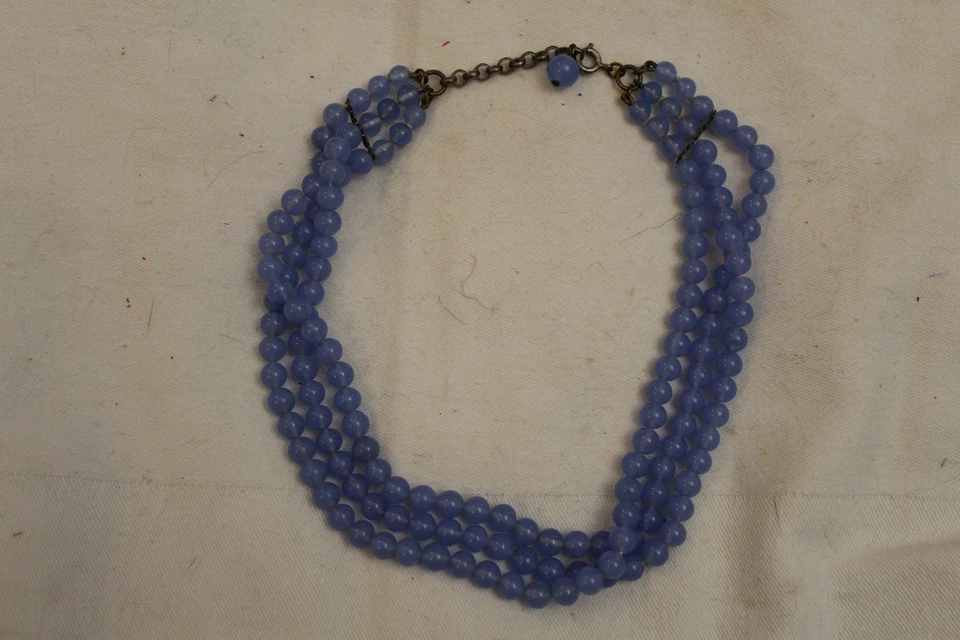 collier ras du cou  3 rangs perles en verre bleu ancien vintage - Photo 1/2