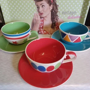 Whittard Of Chelsea 3 x Large Jumbo Cups And Saucers Stars Geometric Coffee Tea - Picture 1 of 10
