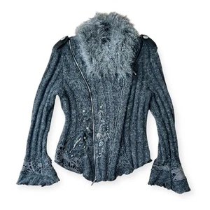 Juju & Christine Strickjacke L/XL Kunstfellkragen Boho Gothic Korsett L grau - Bild 1 von 11