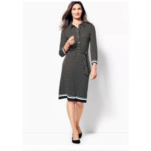 Talbots Polka Dot Shirt Dress Black Belted 3/4 Sleeve Stretch Workwear Medium - Picture 1 of 10