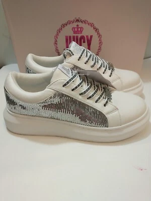 Zapatos deportivos Juicy Couture Della Designer para mujer talla 8 lentejuelas blancos plateados  Foto 1 de 4
