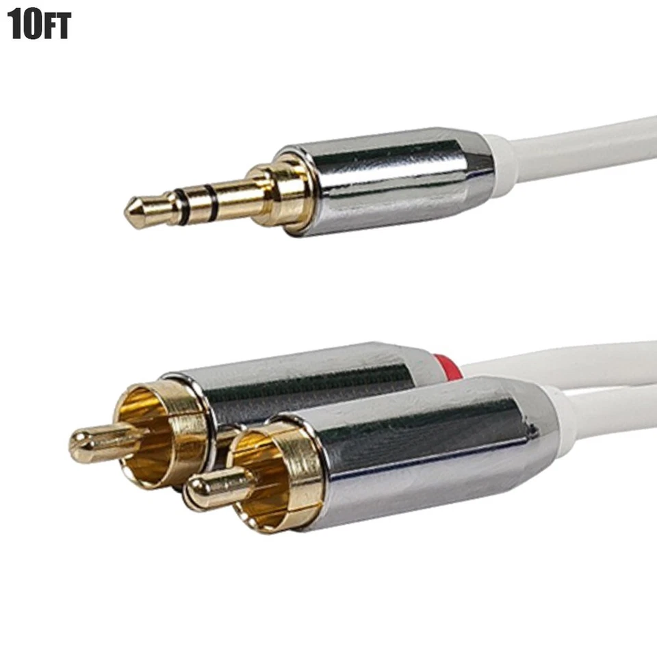 Enchufe auxiliar de 10 pies 3,5 mm a conectores RCA L R de 2 pies cable de audio chapado en oro blanco Foto 1 de 2