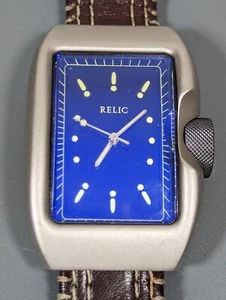 Relic Blue Dial Silver Tone Rectangle Case Brown Leather Band Watch - Picture 1 of 8