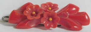 CELLULOID FLOWER RED BARRETTE VINTAGE HAIR ACCESSORY - Picture 1 of 2