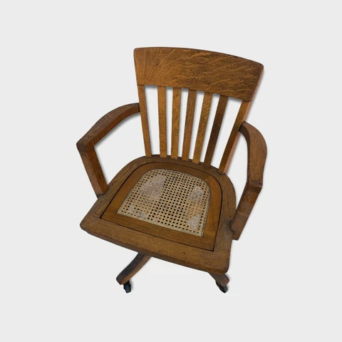 Antique Office Desk Chair Golden Oak With Cane Seat  Swivels C1910 Restored Cover