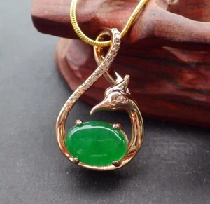 Rose Gold Plate Green JADE Pendant Phoenix Cabochon Diamond Imitation 凤凰扣 320450 - Picture 1 of 6