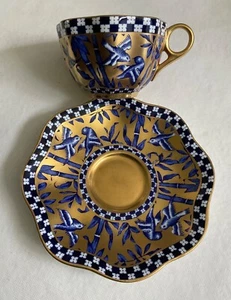 Coalport Fluted Demitasse Cup & Saucer Blue Birds Bamboo Gilt & Cobalt - Picture 1 of 9