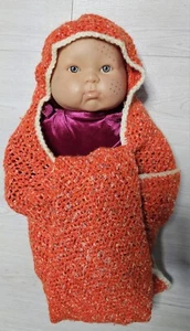 NEW Handmade Crochet BABY BLANKET With Hood 40" Orange Cream Washable Acrylic - Picture 1 of 5