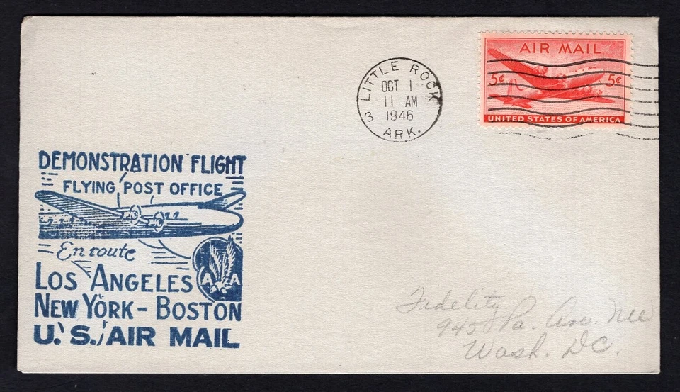 USA Little Rock Ark 1946 Demonstration Flight Cover. Los Angeles New York Boston - Image 1 of 2