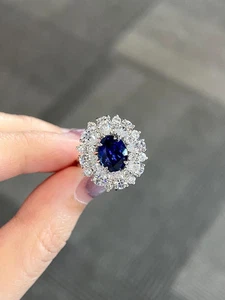 3.80 Ct Oval Cut Natural Blue Sapphire Diamond Engagement Ring 18k White Gold - Picture 1 of 11