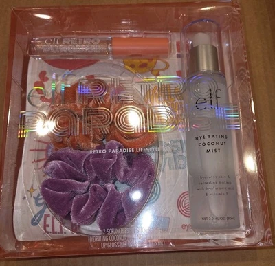 Elf Retro Paradise Hydrating Coconut Mist Lip Gloss scrunchy makeup set Gift NIB - Image 1 of 3