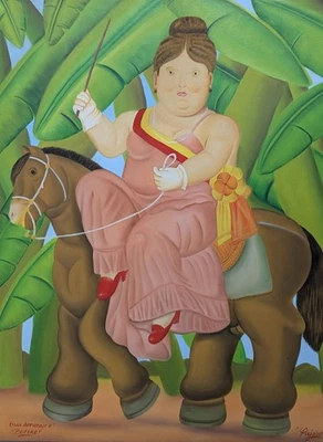 Pintura al óleo reina a caballo, homenaje a Botero, grande 41x35, pájaro firmado Foto 1 de 4