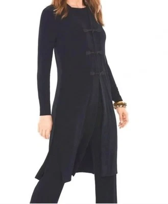 Chicos Travelers Kimono Vest Duster Asian Toggle Knot Buttons Sz "2" L/12 Black - Image 1 of 4