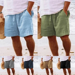 Herren Hawaii-Shorts Baumwolle Leinen Kordelzug Taille Kurze Hosen Sommer- C8 - Bild 1 von 21
