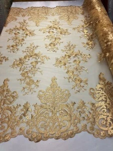 Gold Stretch Mesh Lace Fabric Embroidery Sold By The Yard Prom Dress - Picture 1 of 11
