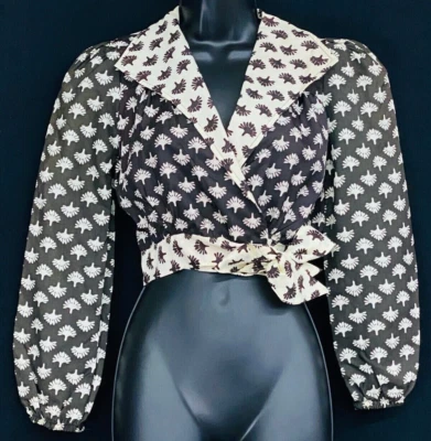 Blusa crop top blanco negro vintage años 70, manga abullonada camisa cuello boho XS Foto 1 de 4