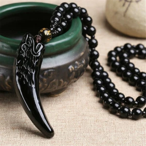 Men's Fashion Stone Black And Ice Obsidian Pendant Wolf Tooth Necklace Amulets - Picture 1 of 16
