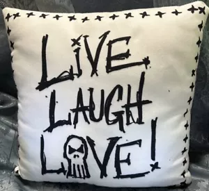 Ultra-Rare SOCIETY6 Throw Pillow PUNISHER LIVE LAUGH LOVE! White & Black Limited - Picture 1 of 11