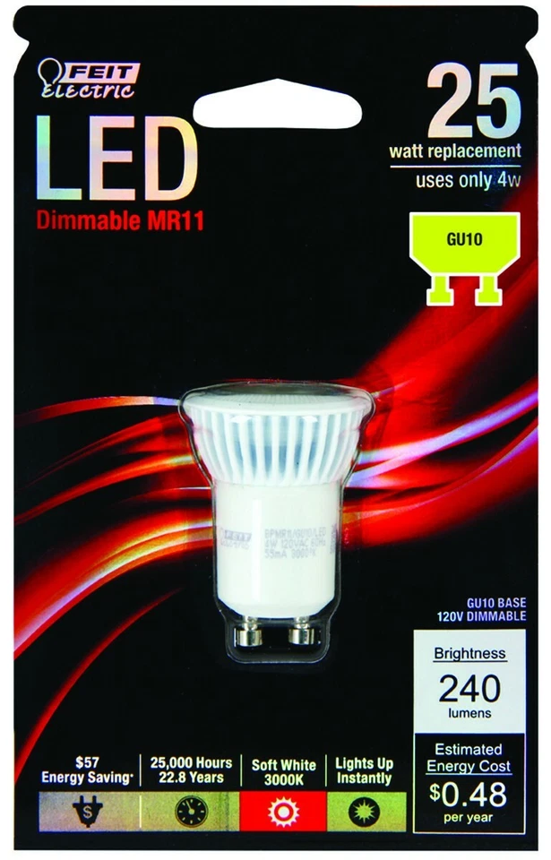 *NEW* LOT (3) Feit Electric LED Dimmable GU10 MR11 25 Watt Bulb 120V 4w 240 Lum - Image 1 of 1