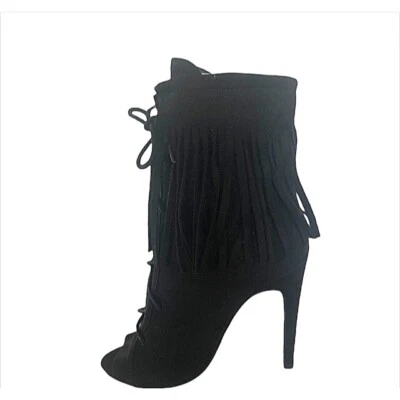 Wild Diva Boots Womens Size 6 Black Fringed Peep Toe Classic Bootie Stiletto - Image 1 of 3