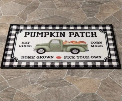 Fall Pumpkin Patch Accent Rug, Buffalo Plaid Border, Green Truck 20 x 30 inches - Image 1 of 4