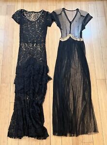 2pc Lot Of 1930s Ink Black Lace And Tulle Party Gowns Sz Petite- Small AS FOUND