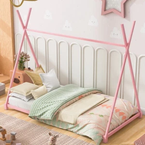 Metal Twin Size Special House Design Platform Bed with Triangle Structure, Pink - Picture 1 of 14