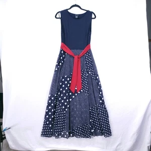 Kate and Lily dunkelblaues Maxikleid ärmellos gepunktet Patchwork mit roter Bindeband - Bild 1 von 14
