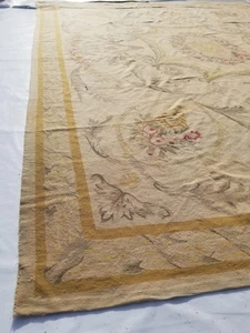 Tappeto vintage francese punta ago fatto a mano floreale marrone beige lana 407x296c - Foto 1 di 10