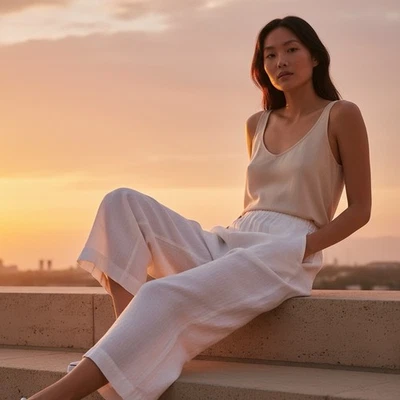 Flax 100% Linen Cream Colored Pull On Wide Leg High Rise Cottagecore Pants Sz M - Image 1 of 4