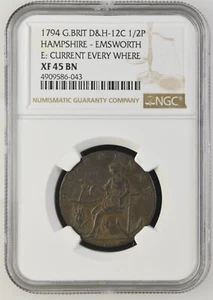 1794 GREAT BRITAIN 1/2 PENNY D&H 12C Hampshire-Emsworth - NGC XF 45 BN - Picture 1 of 2