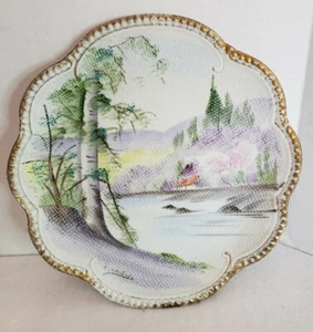 Japanese Hand Painted Tapestry CABINET PLATE  7.5 Country Scene Gold Trim Signed - Picture 1 of 12