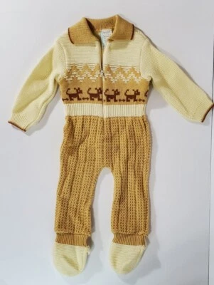 Traje de cuerpo de bebé vintage años 70 mameluco jersey tejido con cable perros marrón beige 0-3 m nuevo con etiquetas Foto 1 de 4