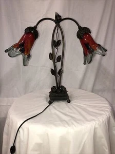 French Art Deco Stl Handmade Wrought Iron Table Lamp 2 Red Blown Glass Shades - Picture 1 of 9