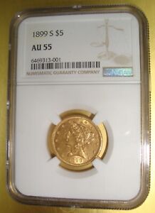 1899 S $5 Dollar Gold Liberty Head Half Eagle NGC AU55 