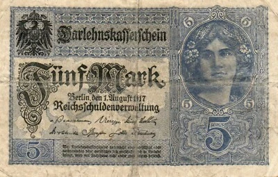 Genuine 5 Mark banknote Darlehnskassenschein 1917 WW I fine cond  !!! - Image 1 of 2