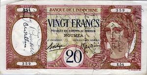New Caledonia 20 Francs 1940s " RARE BANKNOTE " - Picture 1 of 3