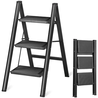 3 Step Ladder Folding Step Stool Sturdy Steel Ladder for Adult Lightweight Black - Image 1 of 4