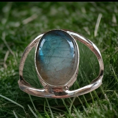 Damen Ring silberfarben blauen synthetischen Mondstein "Auge" Größe 69 20mm - Bild 1 von 4