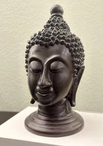 Solid Wood Brown/Black Sculpture Buddha Head (8”) - Picture 1 of 6